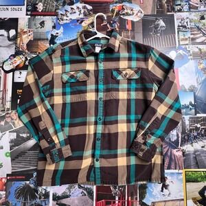 Patagonia Mens Organic Cotton Flannel Shirt Brown Teal Plaid Large L Button Down